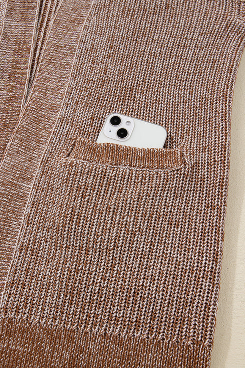 Open Knit Patch Pocket Ribbed Trim Longline Cardigan